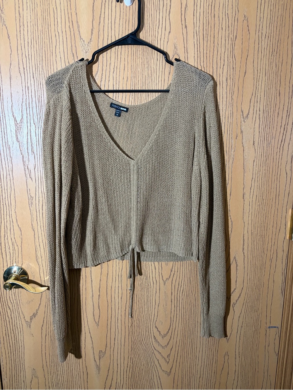 Fashion Nova Tan V-Neck Drawstring Knit Sweater